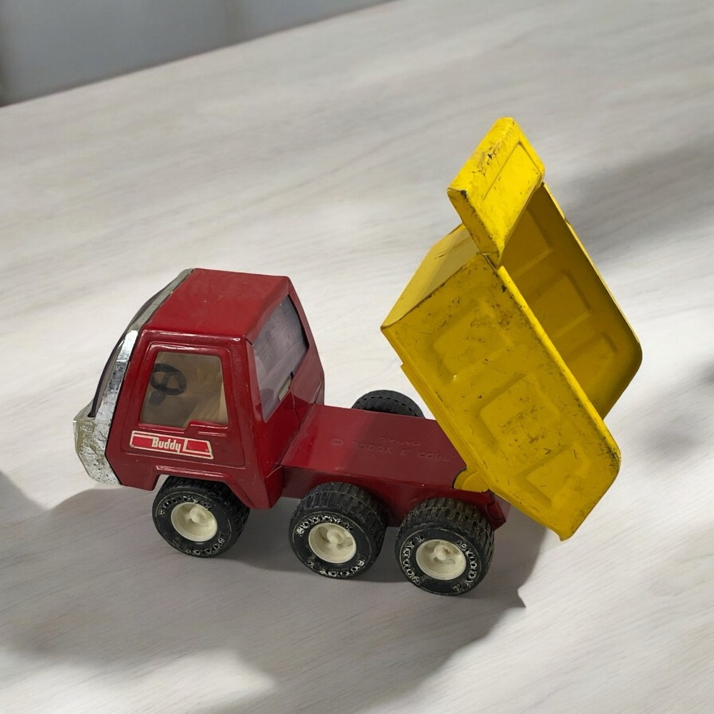 Vintage Buddy L Dump Truck Red Yellow Pressed Steel Toy Construction Vehicle